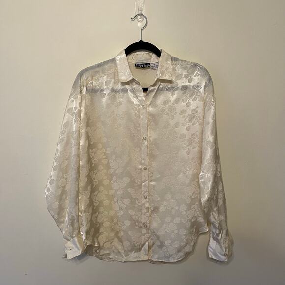 Vintage XL 1990s long sleeve floral blouse button up metallic yellow AOP rose - Picture 1 of 7